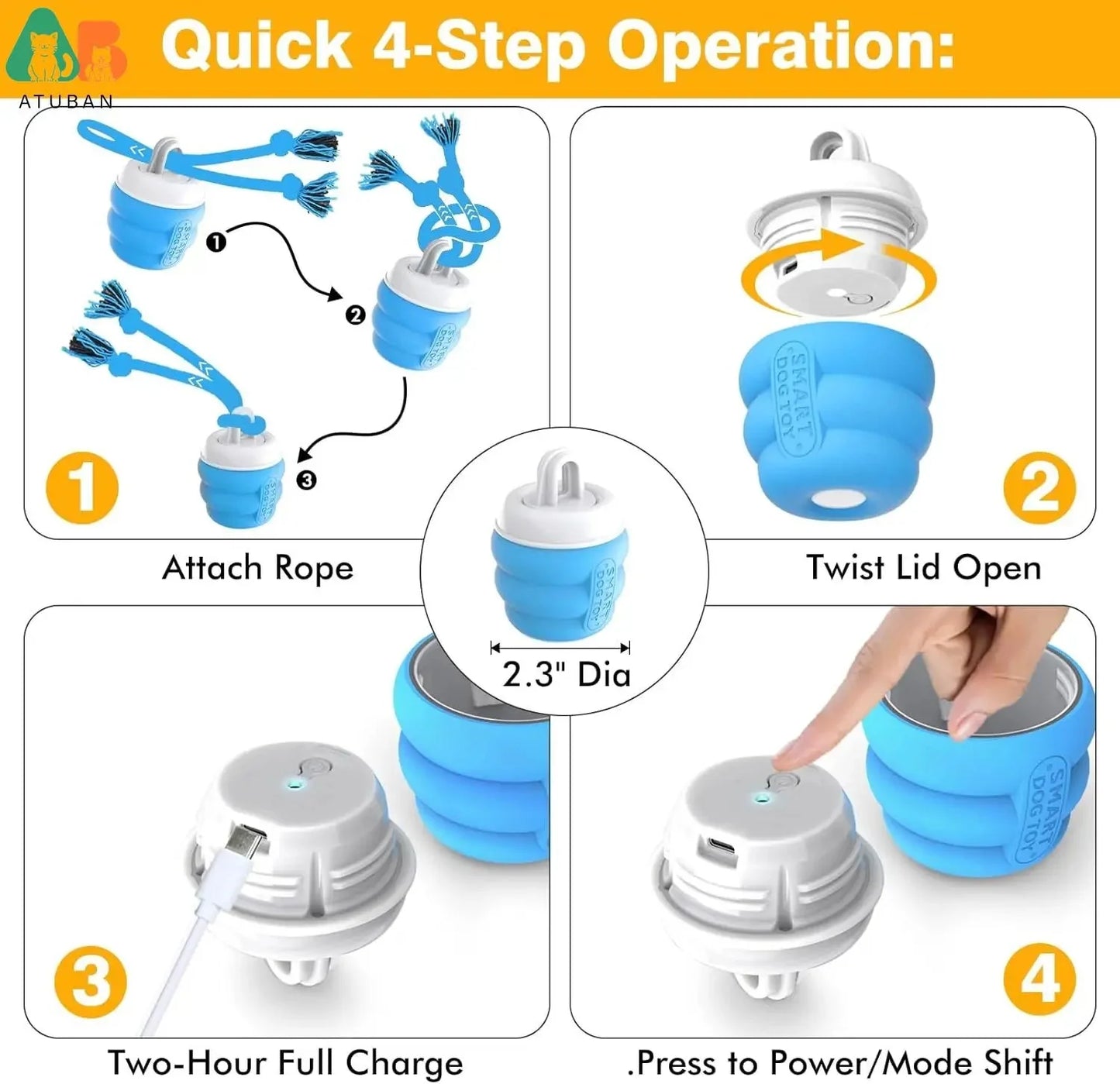 ATUBAN Interactive Dog Toys Ball - Fun Moving Dog Toys to Keep Them Busy , Rechargeable Smart Automatic Dog Ball for Boredom PawsMagics